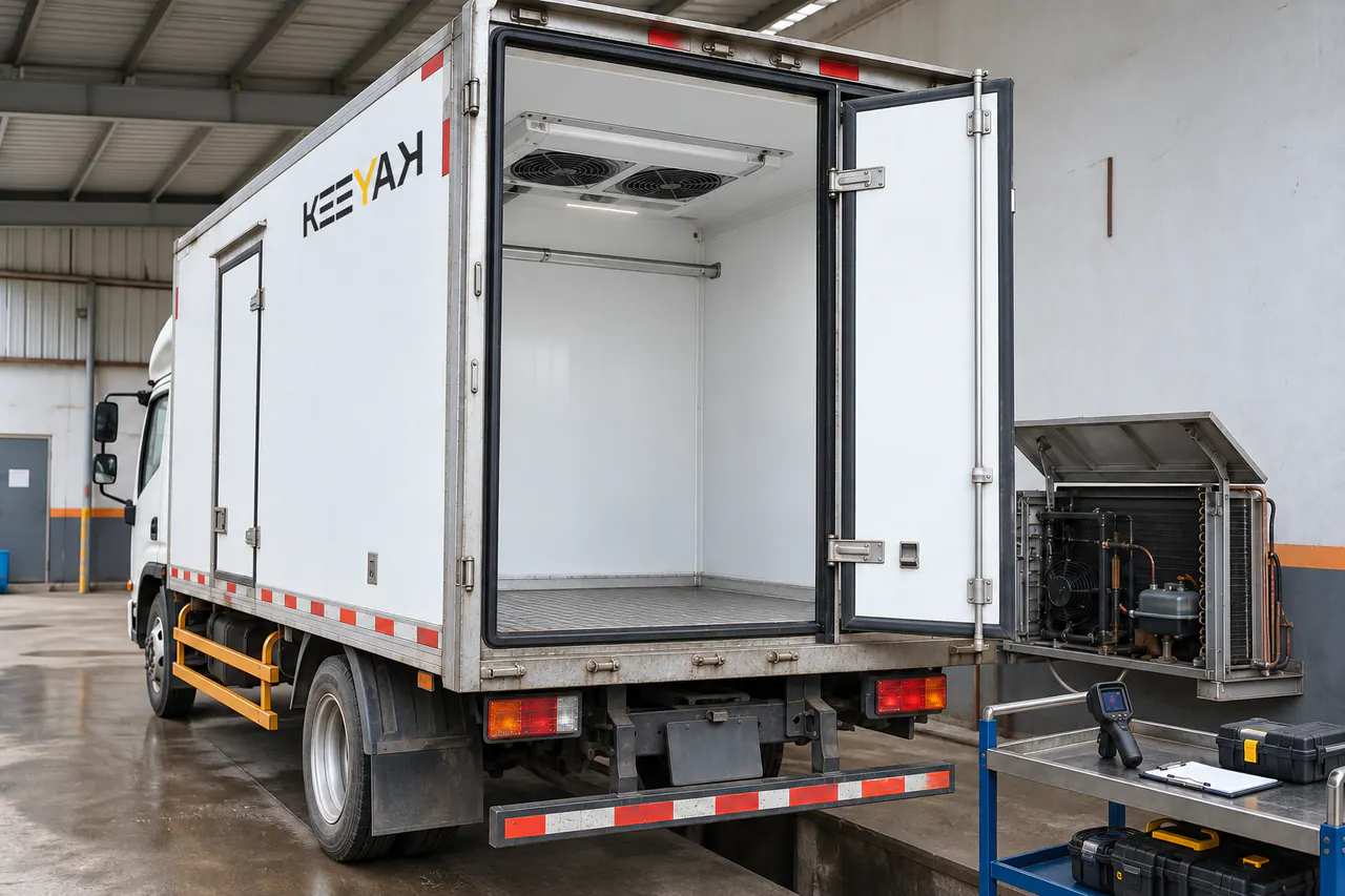 Equipo de inspección de temperatura y flujo de aire dentro de la caja vacía de un camión frigorífico