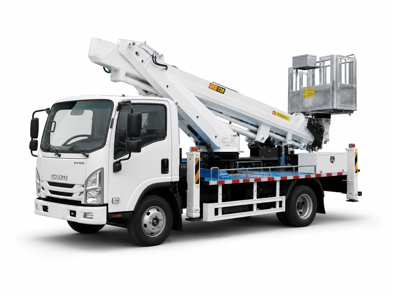 ISUZU KV100 aerial work platform truck configuration presented against a plain background