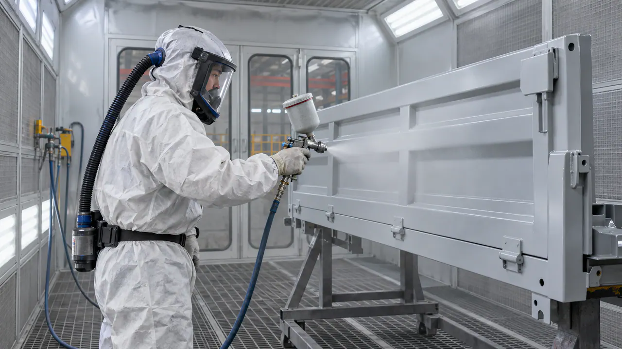 A vehicle-body panel being sprayed inside a ventilated paint booth.