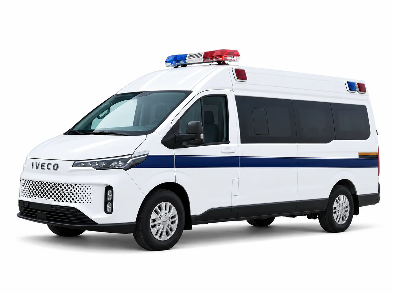White passenger van with a blue side stripe and roof-mounted warning lights.