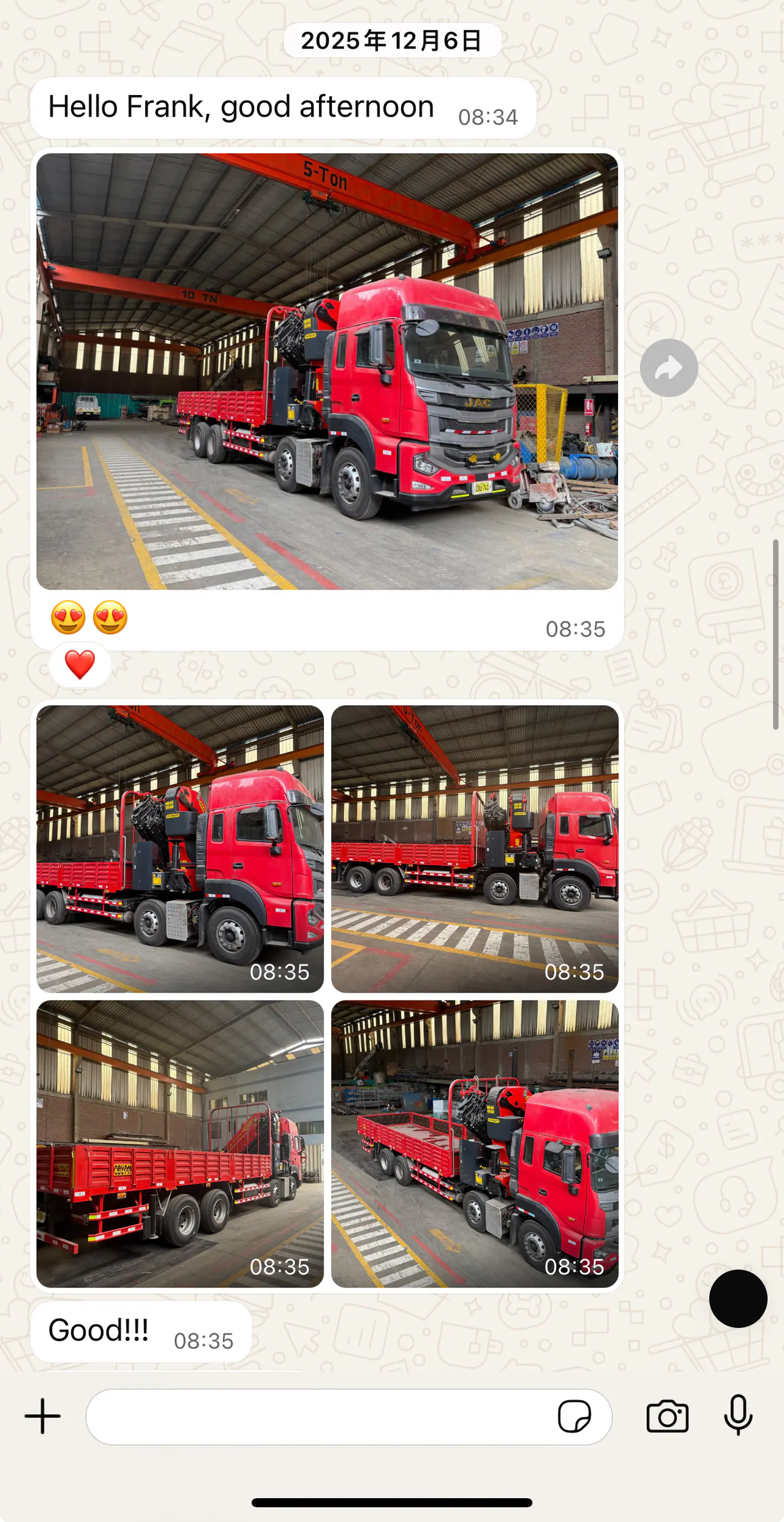 Customer communication acknowledging factory photographs of the completed red JAC crane truck