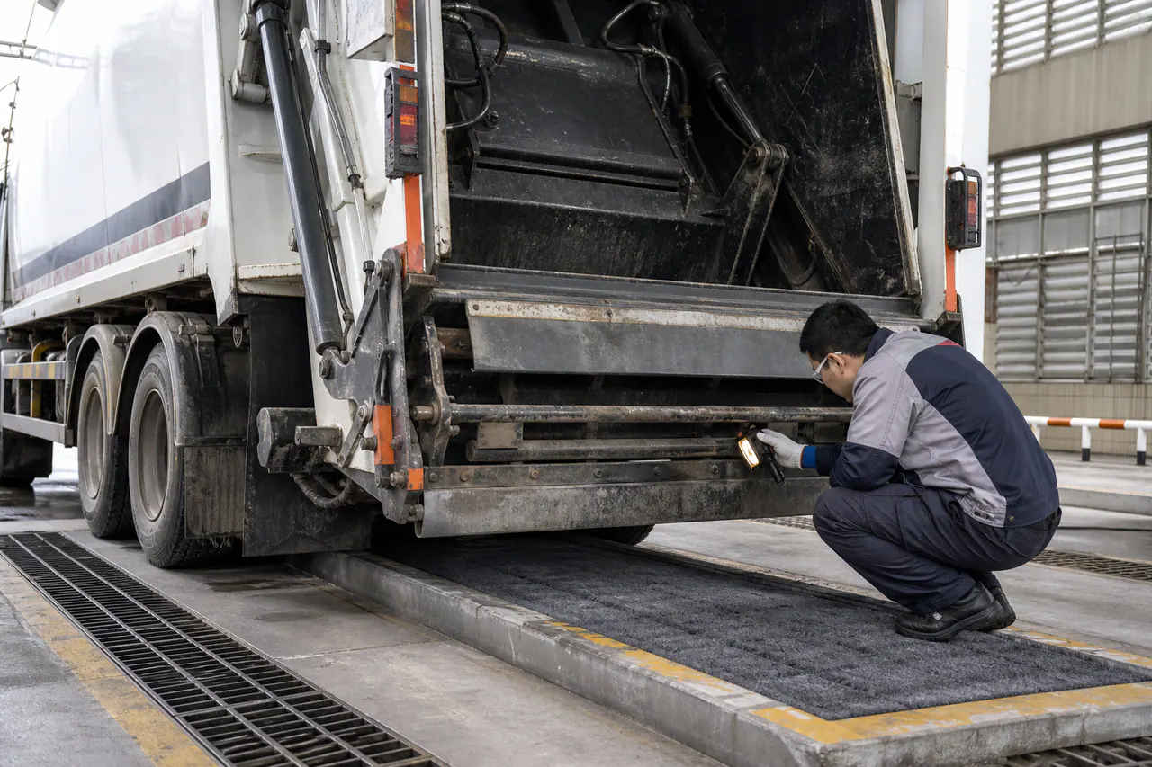 Illustrated inspection of a refuse compactor body seal, drain and leachate-control area