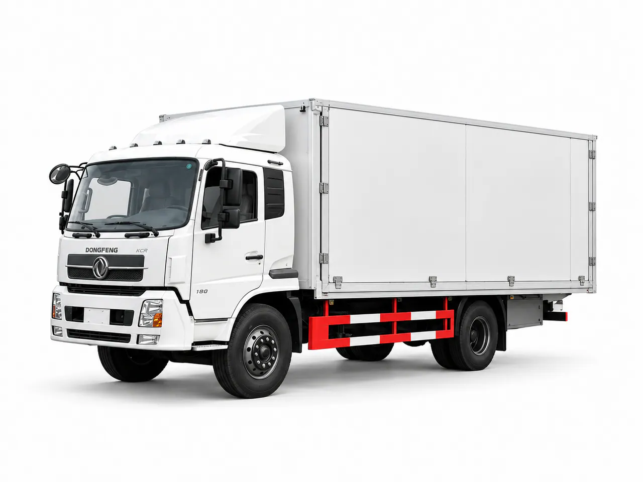 White box truck with a broad closed side panel and red side guards.
