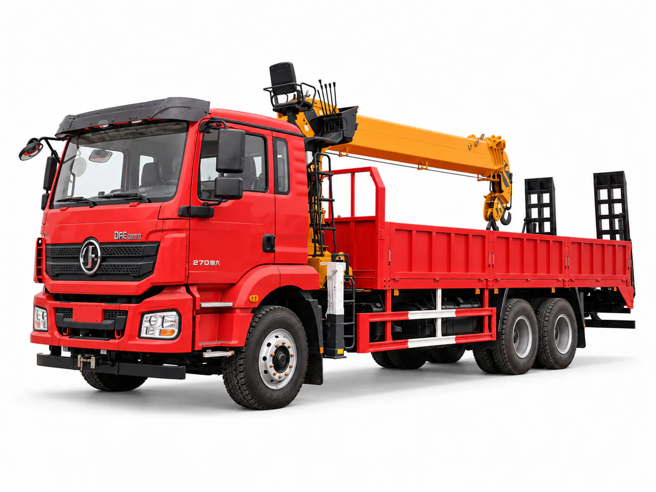 Red flatbed truck with a yellow crane behind the cab and rear loading ramps.