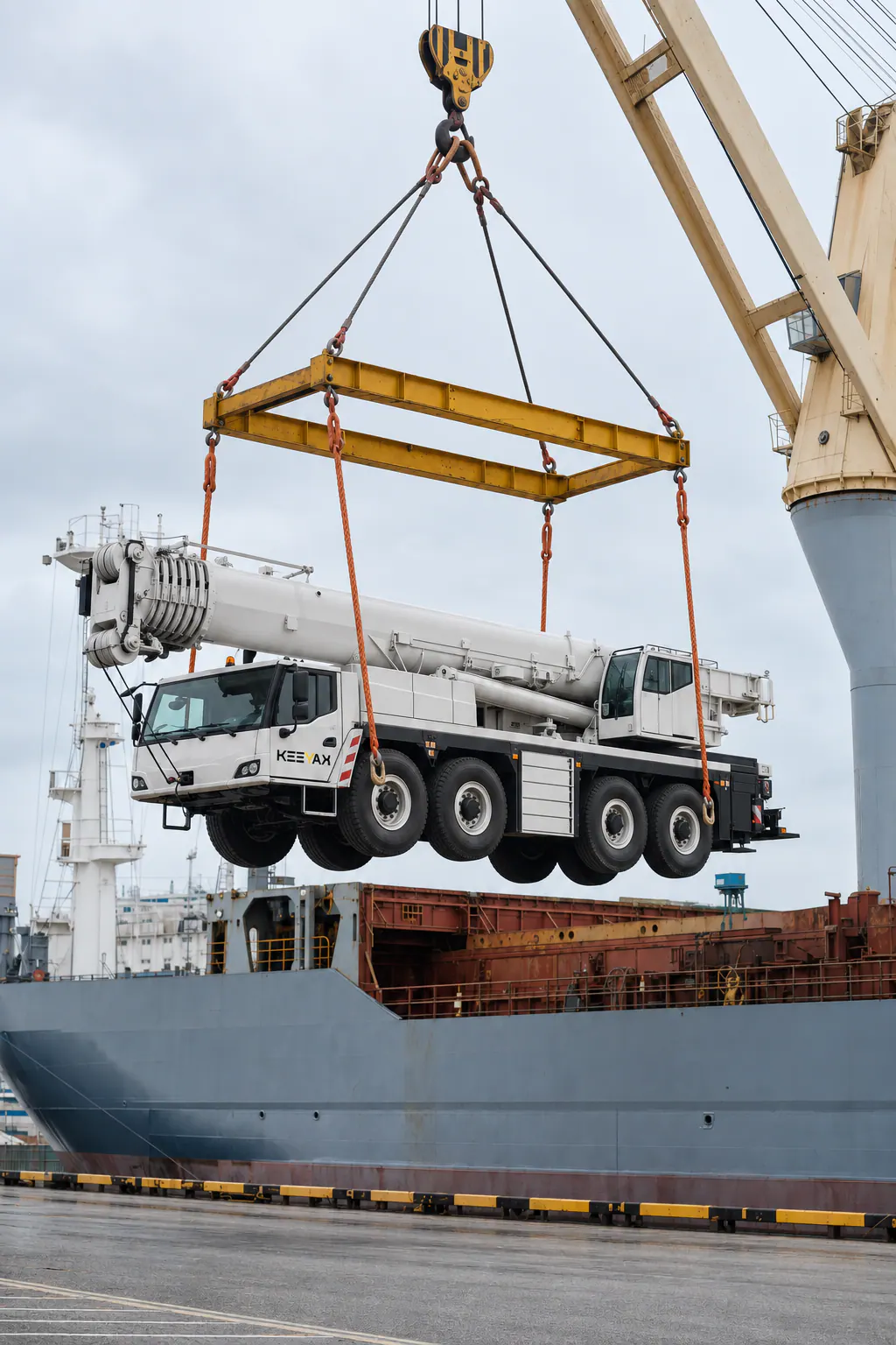 Heavy special-purpose vehicle lifted beside a bulk cargo vessel