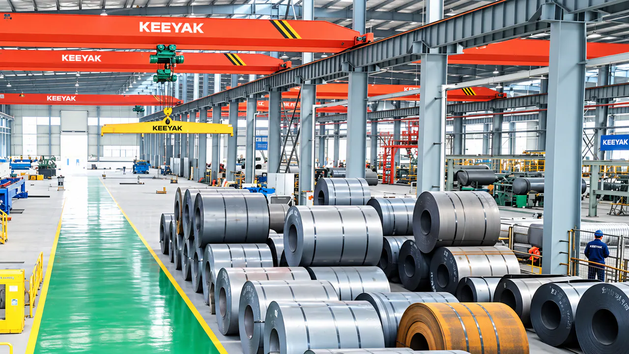 Steel coils stored beside the workshop aisle and material-handling equipment.