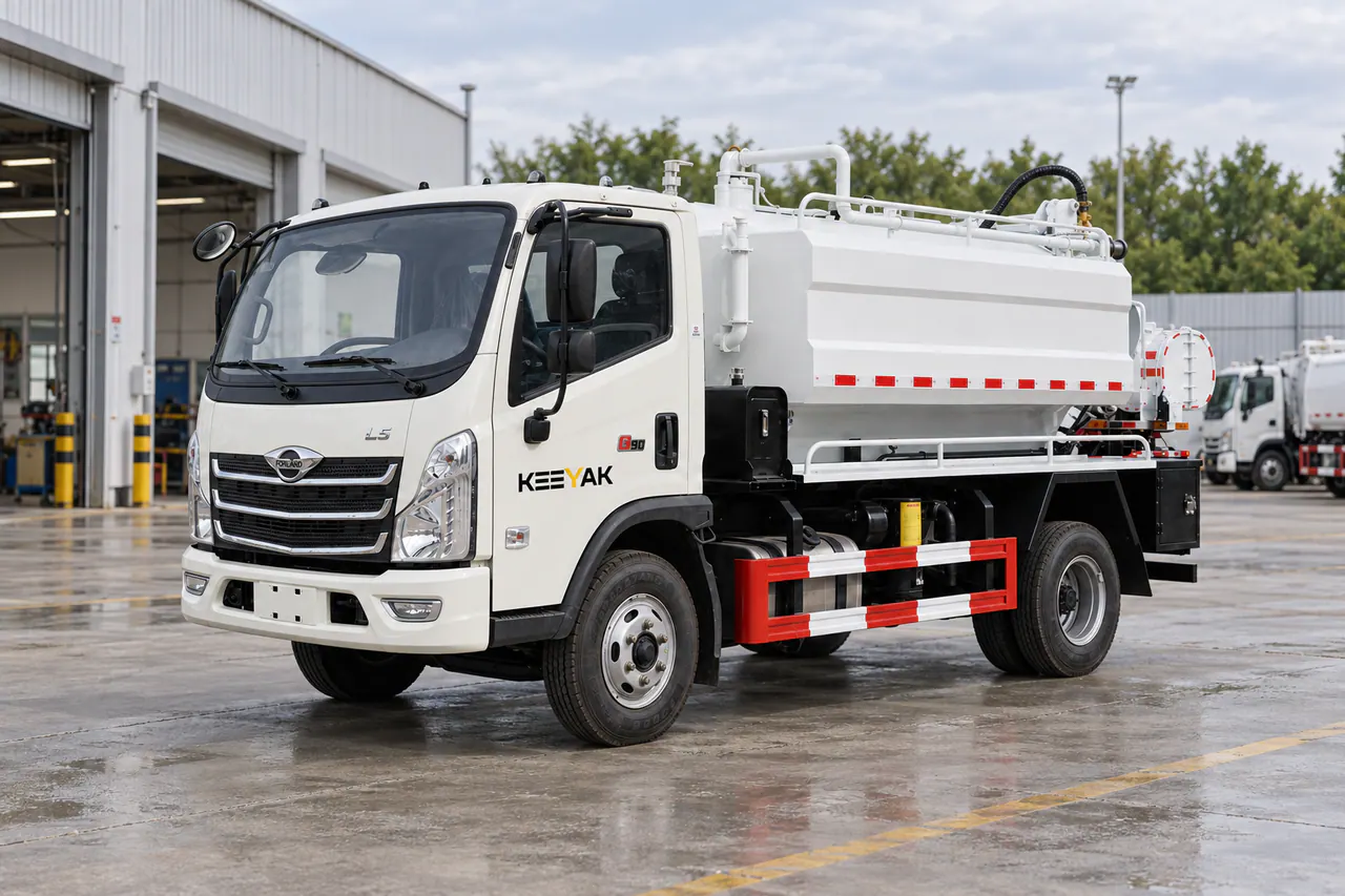 White, red and black sewage-suction truck with a rear hose reel