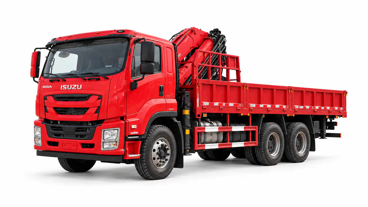 Camión grúa ISUZU con brazo articulado.