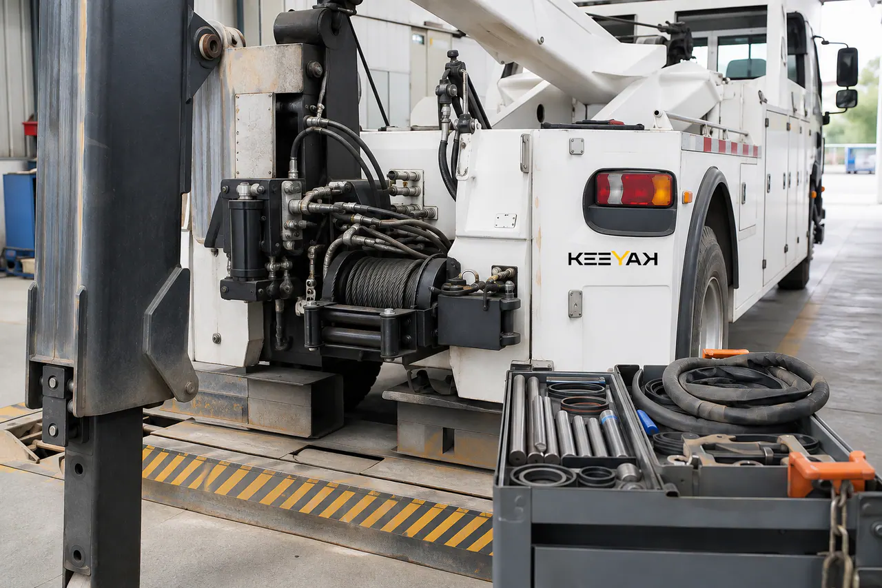 Recovery-truck winch, hydraulic connections and inspection tools