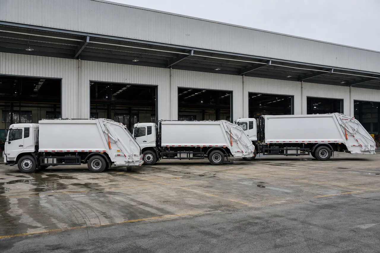 Illustrated refuse truck body with collection-route and volume-planning references