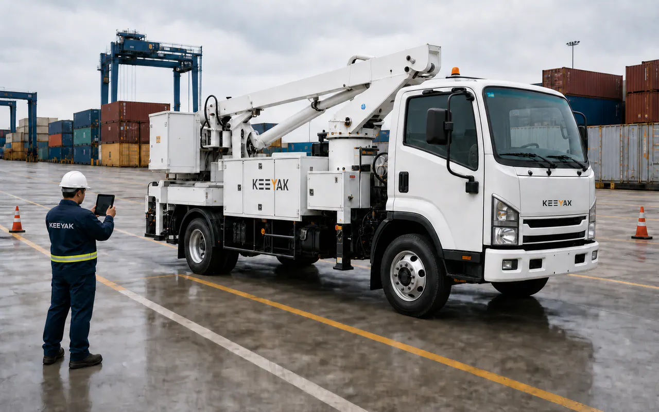 KEEYAK inspector recording the overall condition of an aerial work platform truck at the port