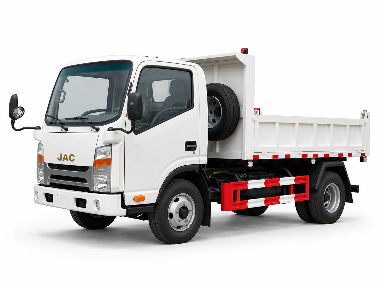 White compact tipper truck with a low-sided dump body.
