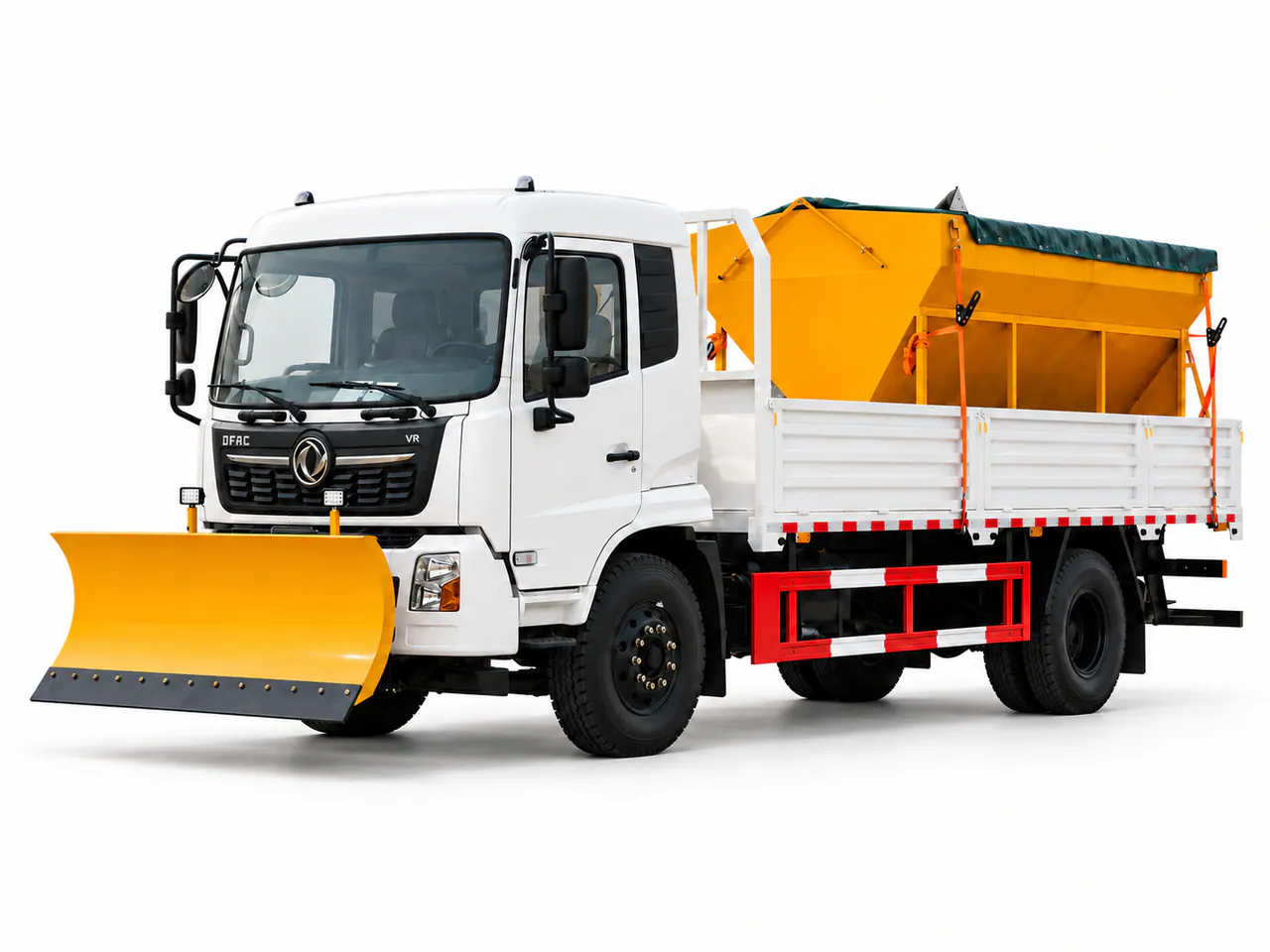 White truck with a yellow front snowplow and a hopper behind the cab.