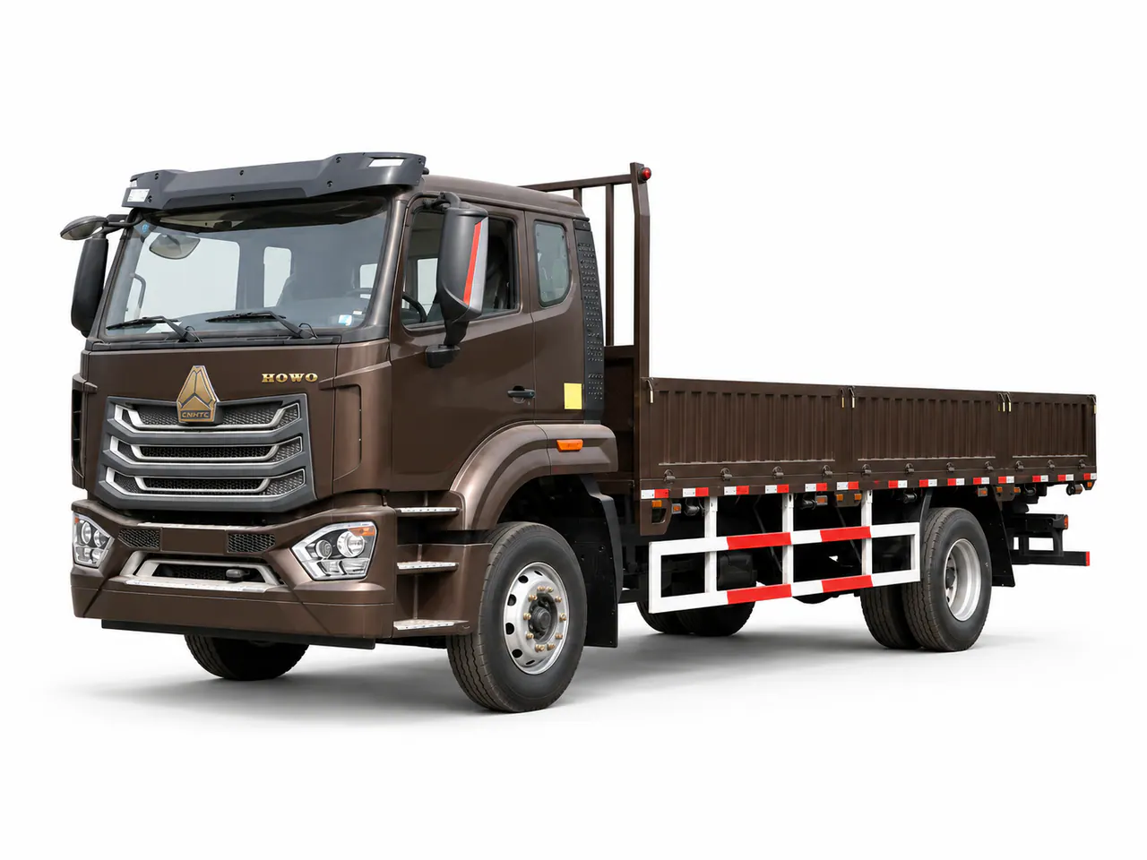 Brown dropside truck with a long open cargo bed.