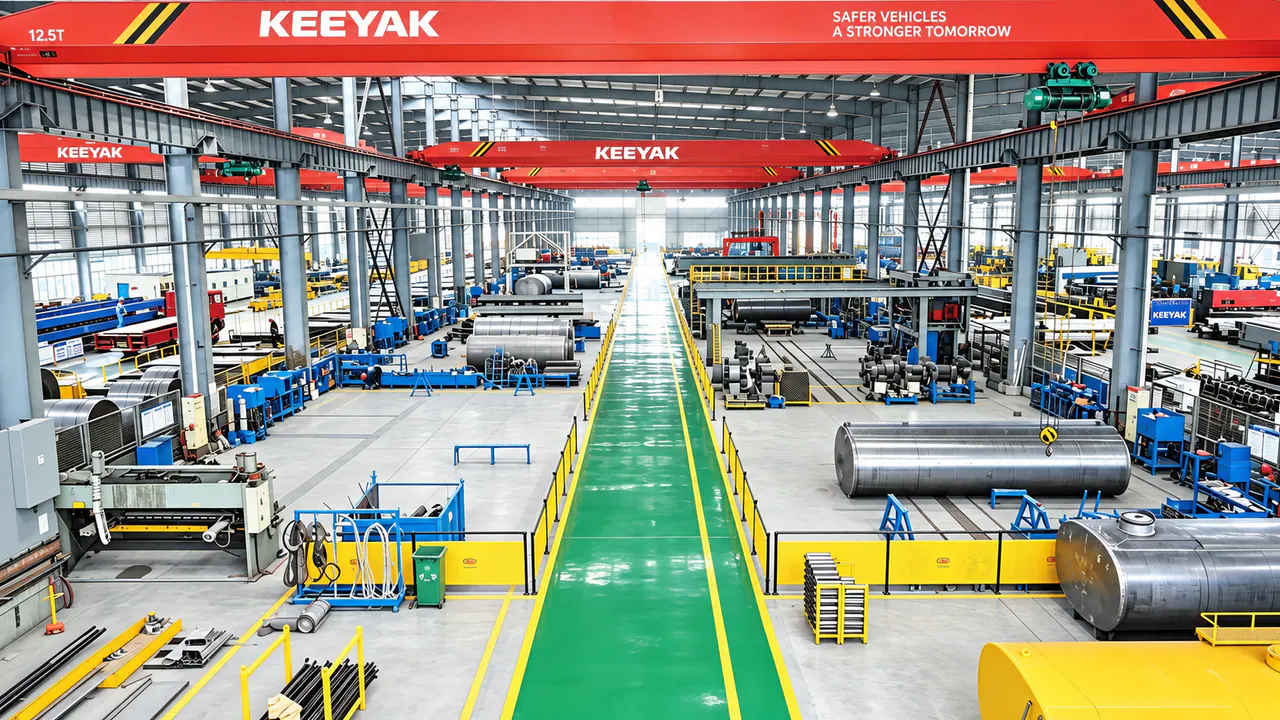 Tank sections, rollers and workstations arranged on both sides of the main workshop aisle.