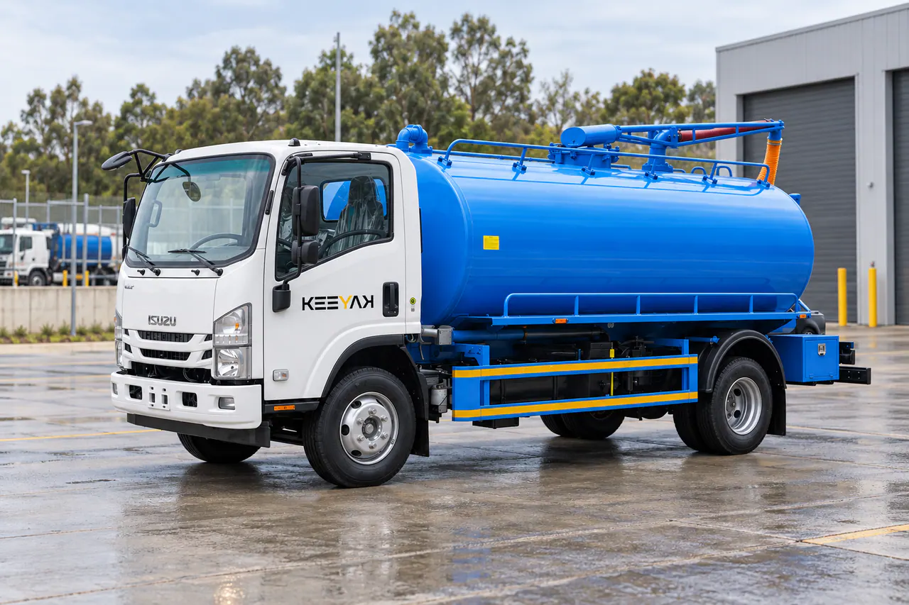 Camión séptico de vacío blanco, azul y naranja con manguera de succión trasera