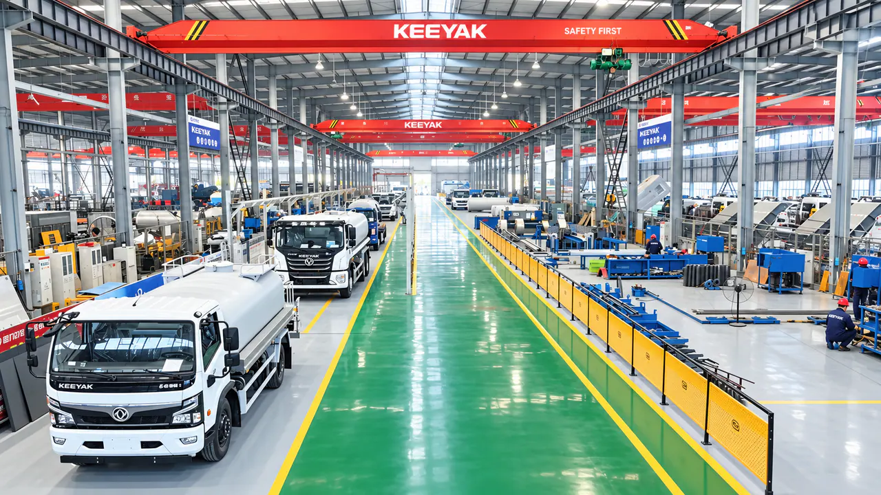 Tank-bodied trucks beside vehicle assembly workstations.