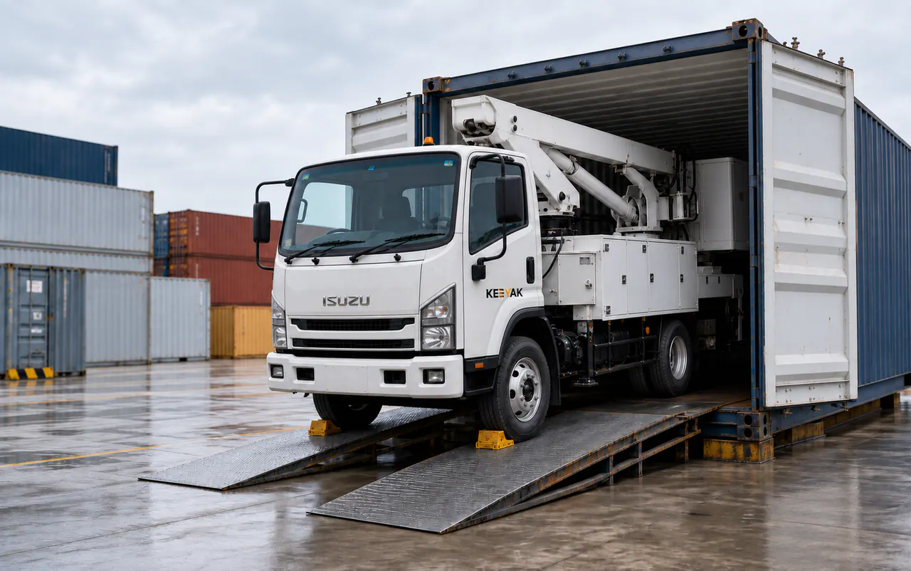 KEEYAK aerial work platform truck positioned at an empty container loading bay