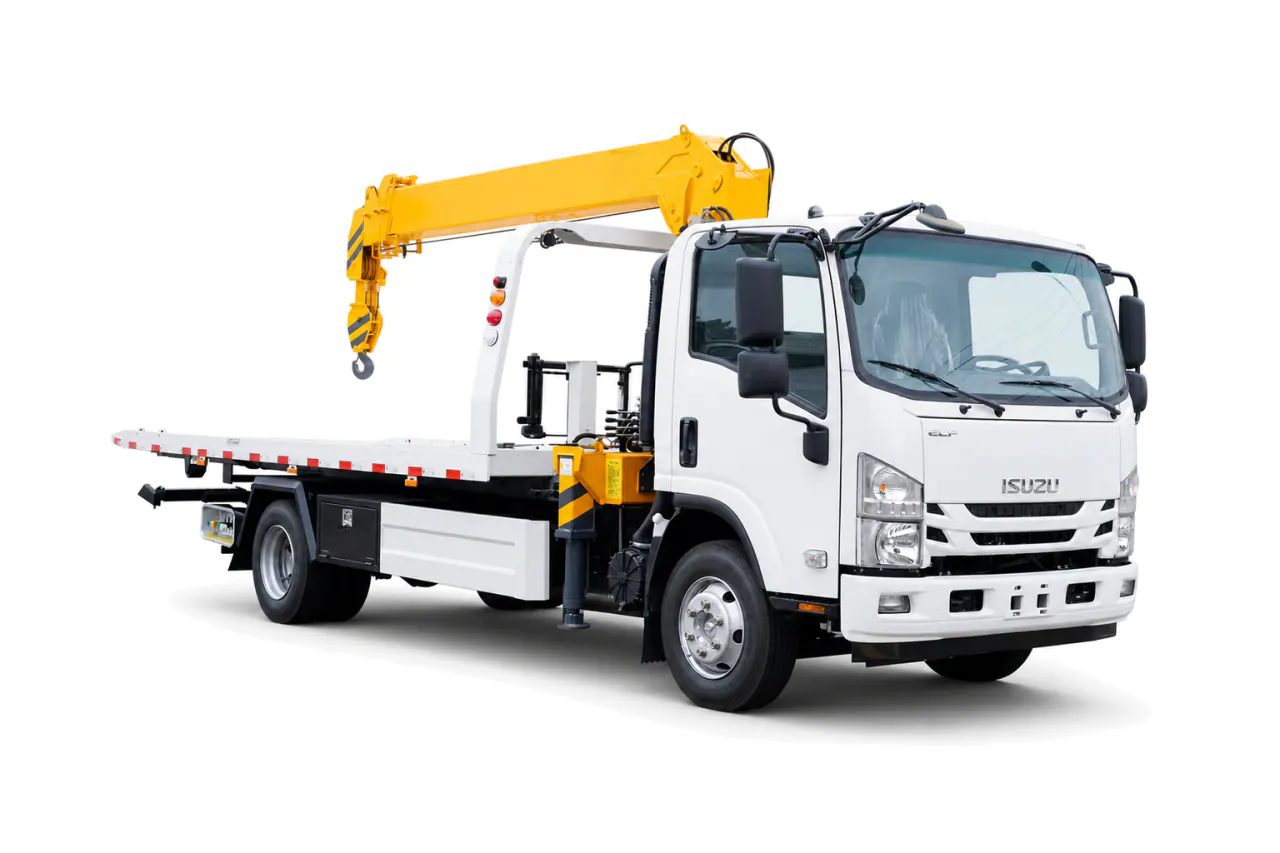 Flatbed Wrecker with Crane front view