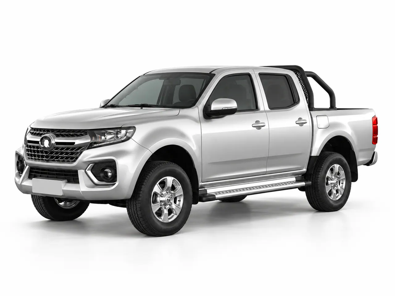 Silver double-cab pickup with an open bed, roll bar and side steps.