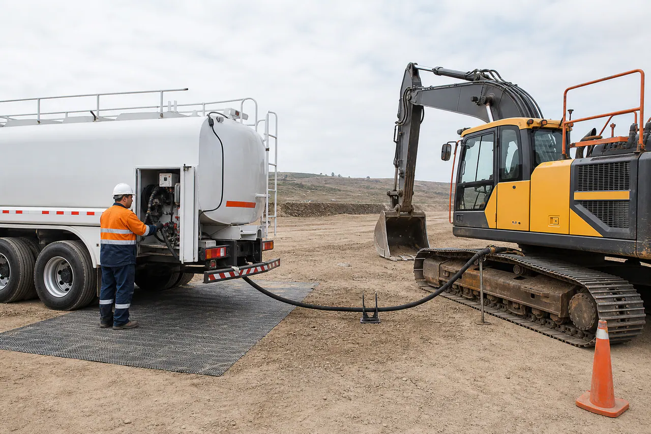 Illustrated fuel tanker supplying equipment at a remote worksite