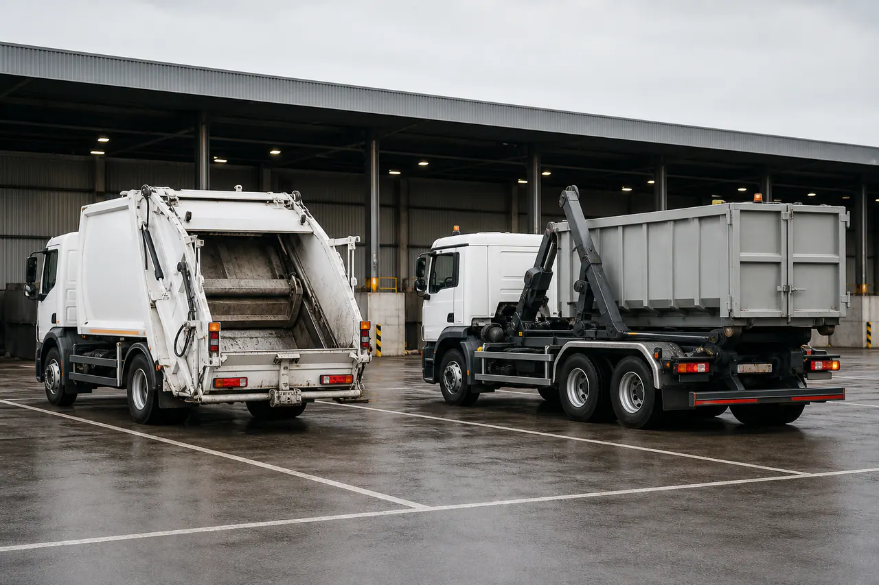 Illustrated refuse compactor and hook-lift trucks presented for a collection-system comparison