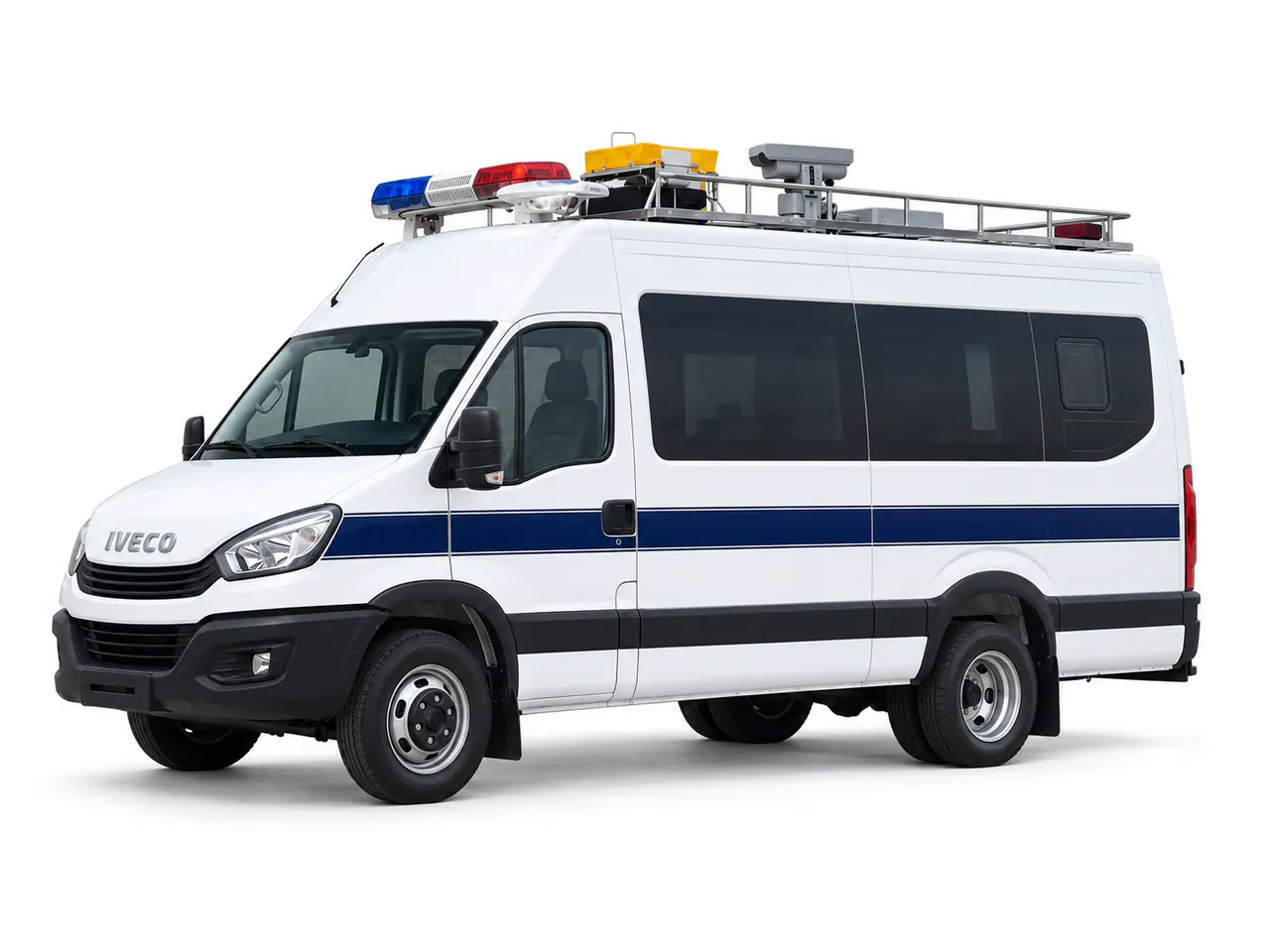 White passenger van with a blue side stripe and roof-mounted warning lights.