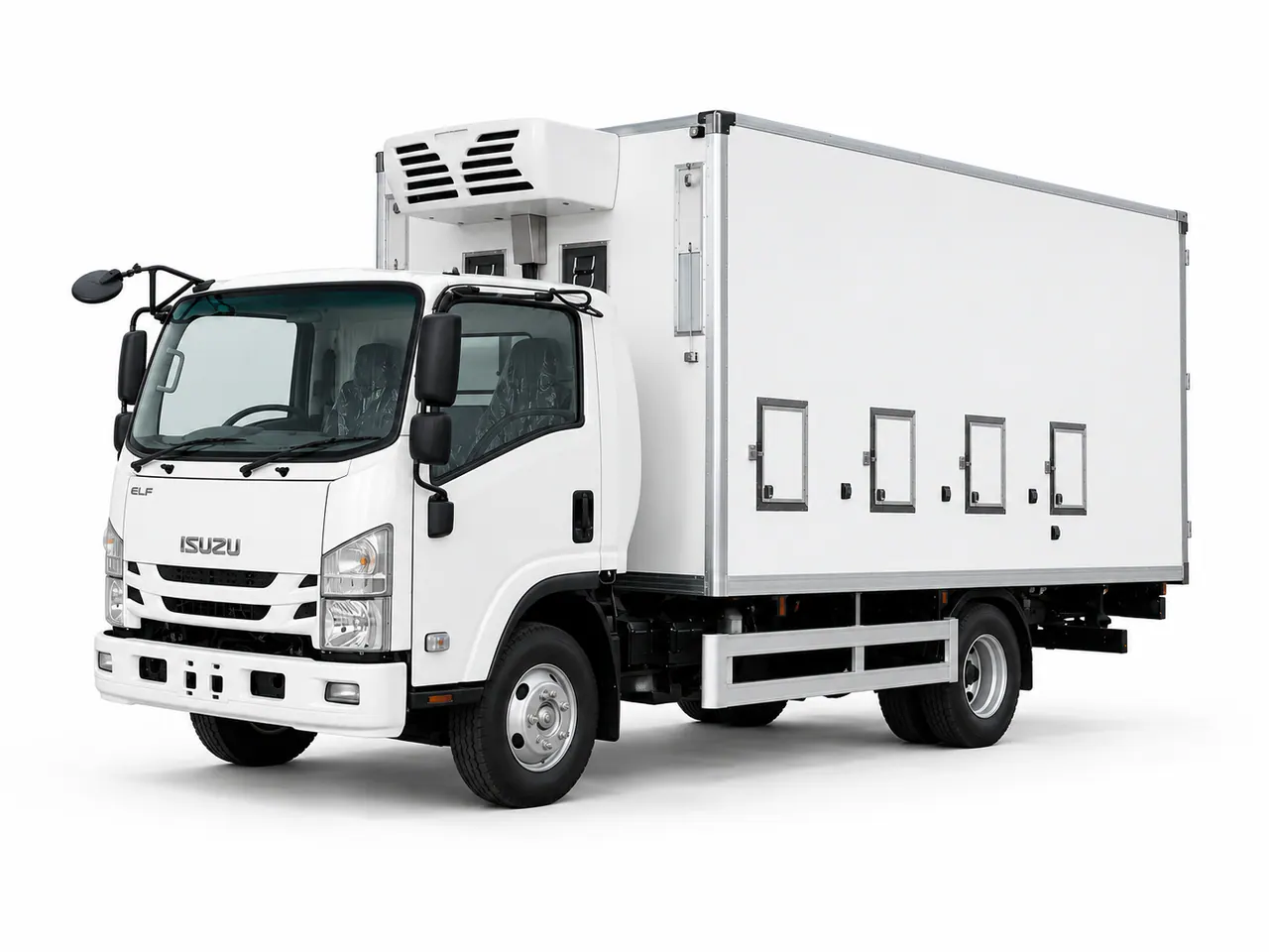 White box truck with a front cooling unit and four small side access doors.