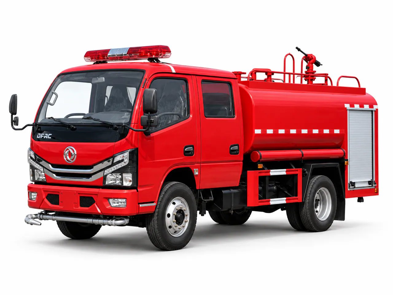 Red fire truck with a double cab, roof-mounted water monitor and side equipment compartments.