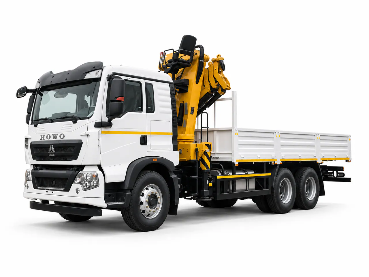 White dropside truck with a folded yellow knuckle-boom crane behind the cab.