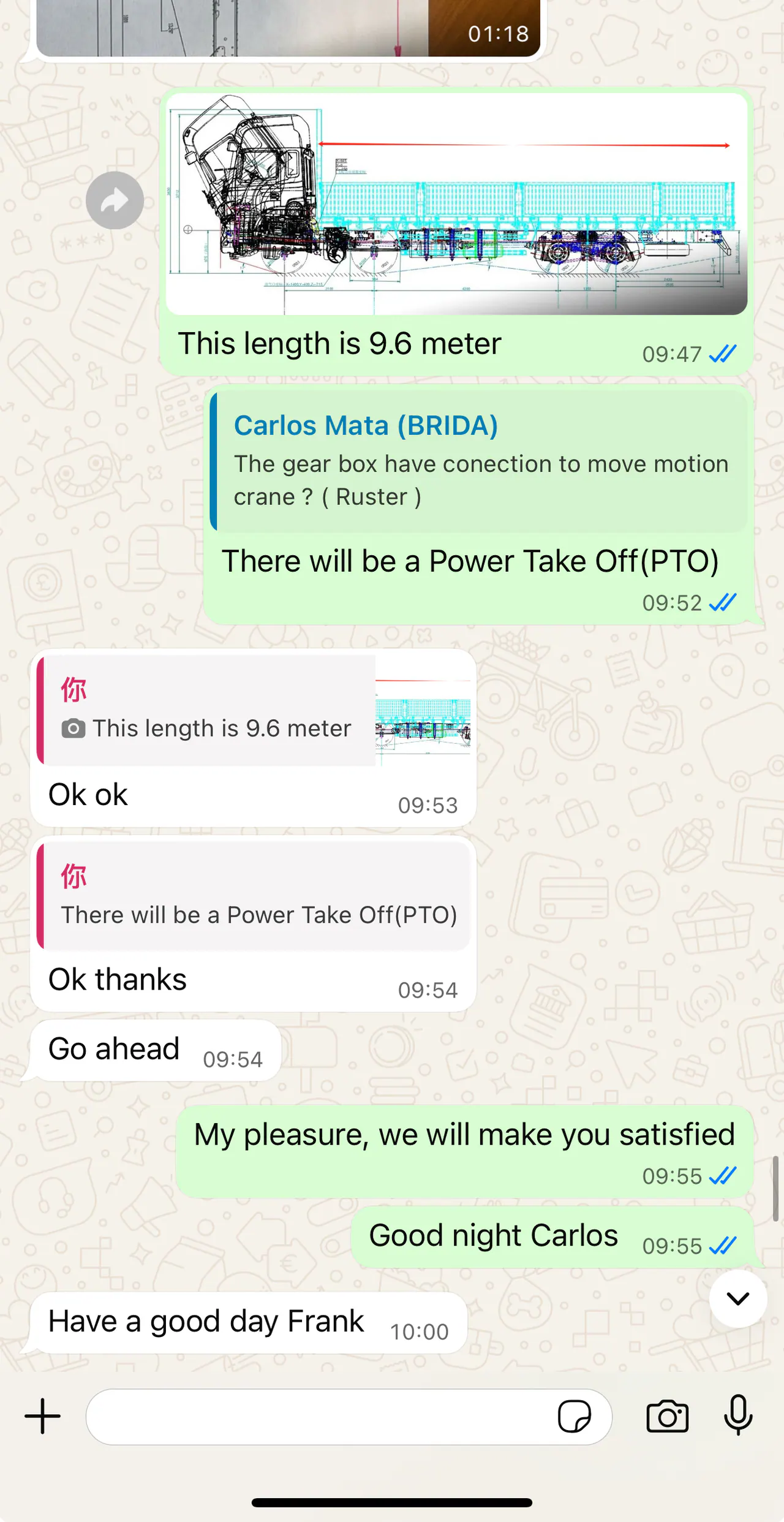 Customer communication confirming the 9.6 m body design and power take-off for the crane hydraulics
