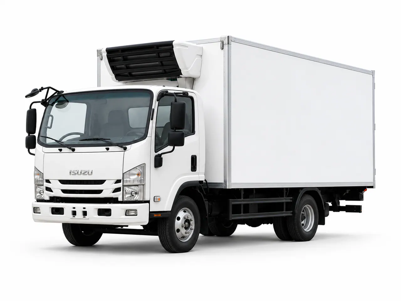 White refrigerated box truck with a cooling unit above the cab.