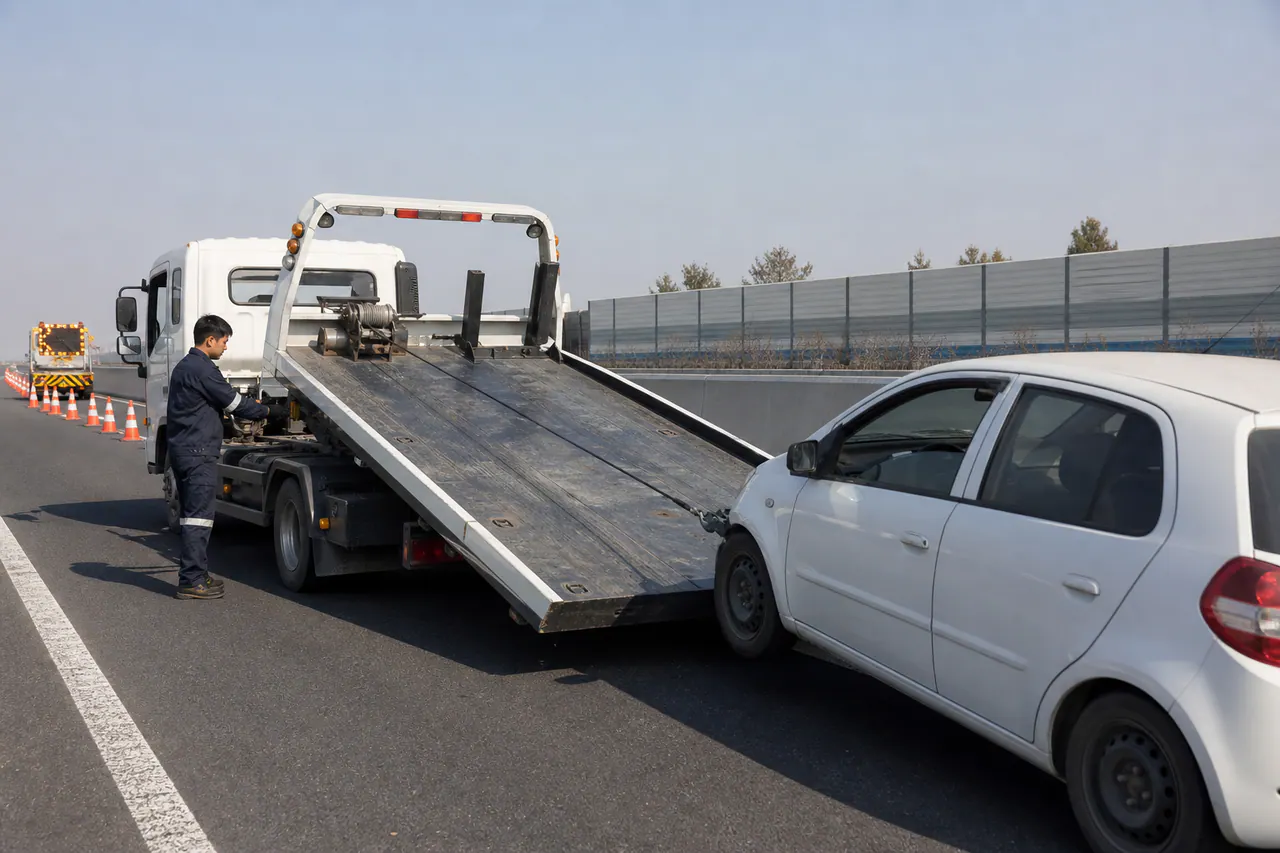 Illustrated white recovery truck positioned on a highway service lane for configuration planning