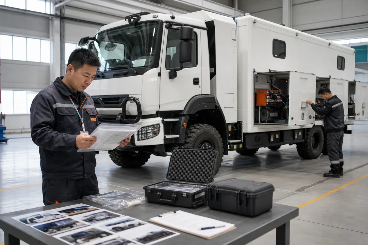 Illustrated inspectors checking a completed special-purpose truck against a handover checklist