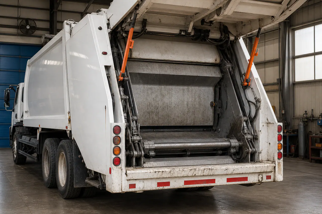 Illustrated refuse compactor body showing waste-loading and compaction planning