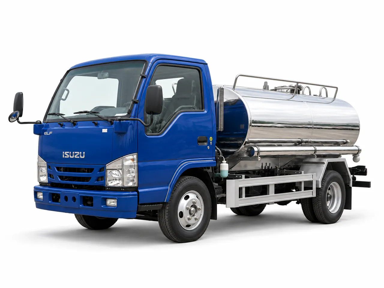 Blue-cab tanker truck with a polished tank and upper access rail.