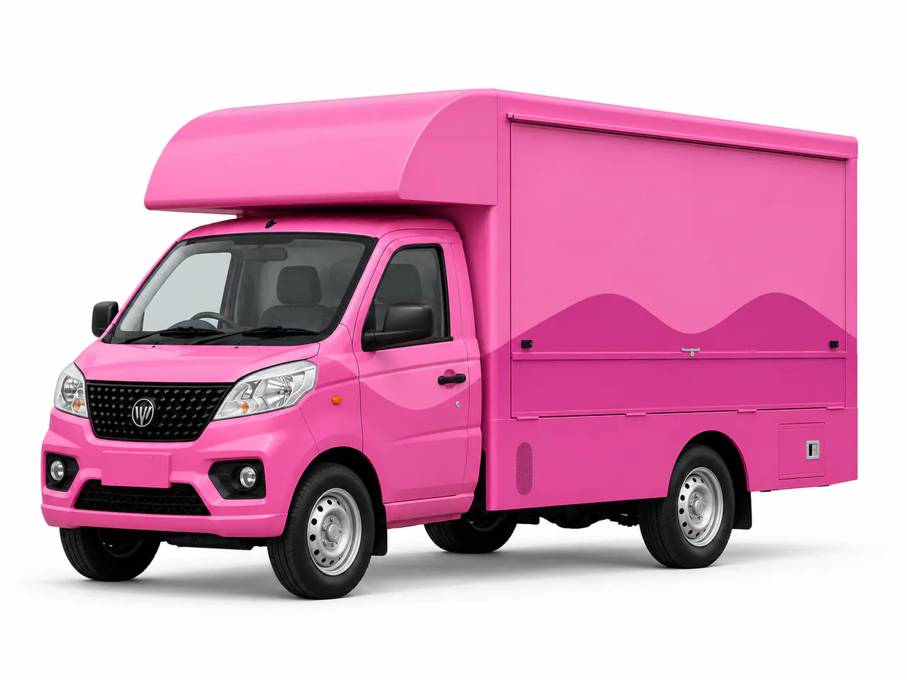 Pink vending truck with a closed side serving panel.