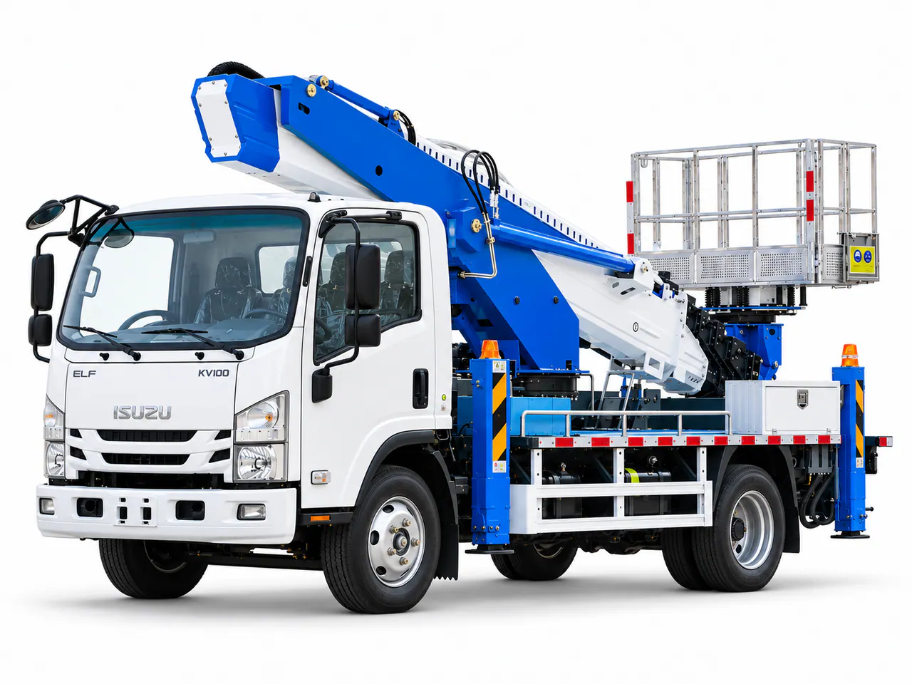 White truck with a folded blue boom and an elevated work basket.