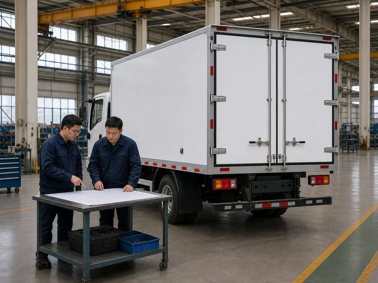 Dos ingenieros de proyecto revisando el plano de un vehículo junto a la parte trasera de un camión refrigerado
