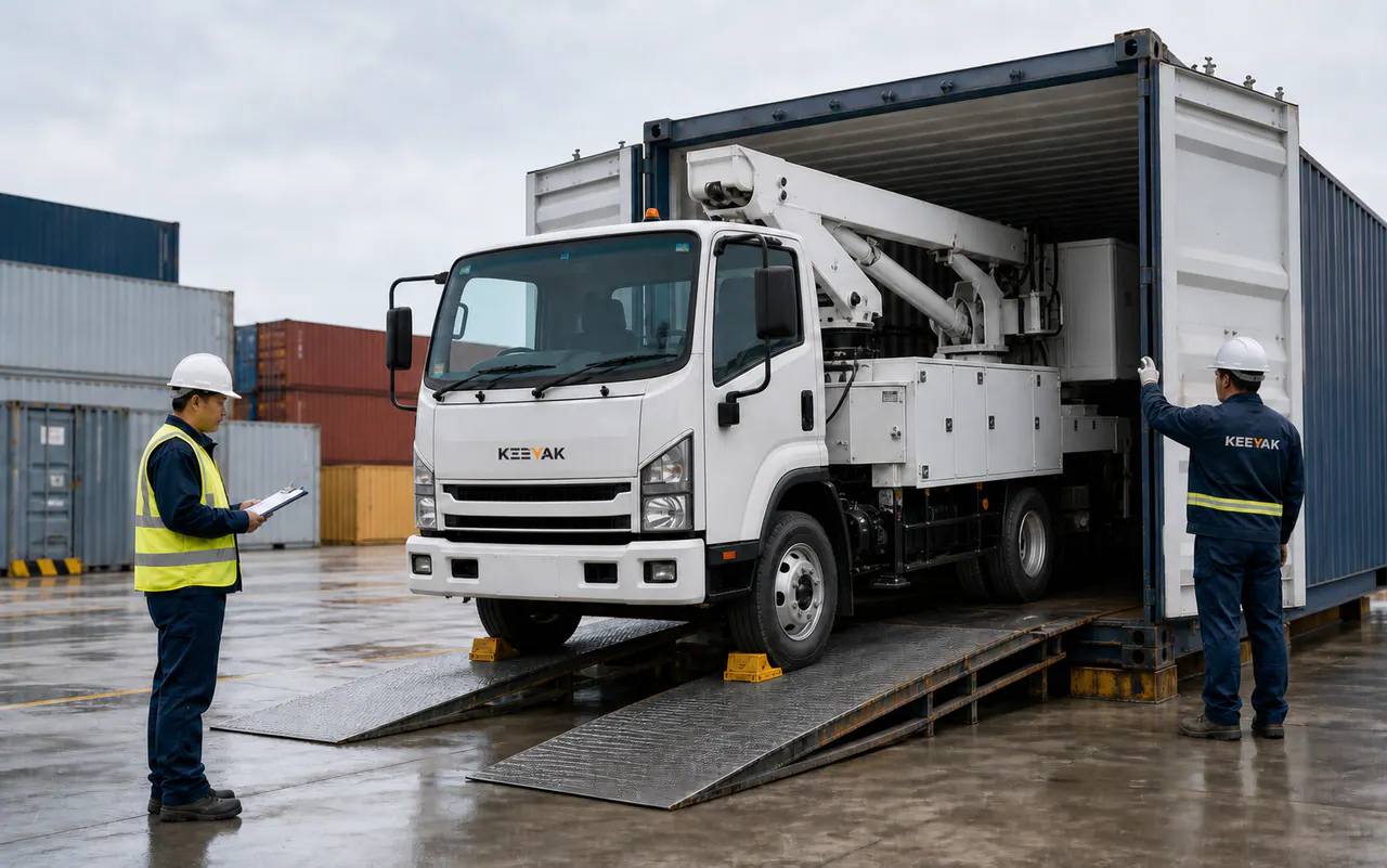KEEYAK aerial work platform truck entering a container loading bay with two spotters