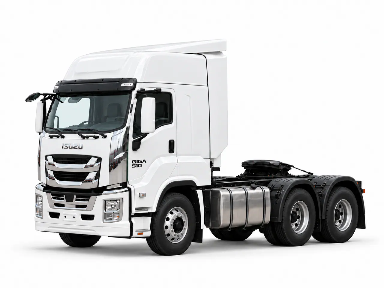 White tractor unit with a high cab and exposed rear coupling area.