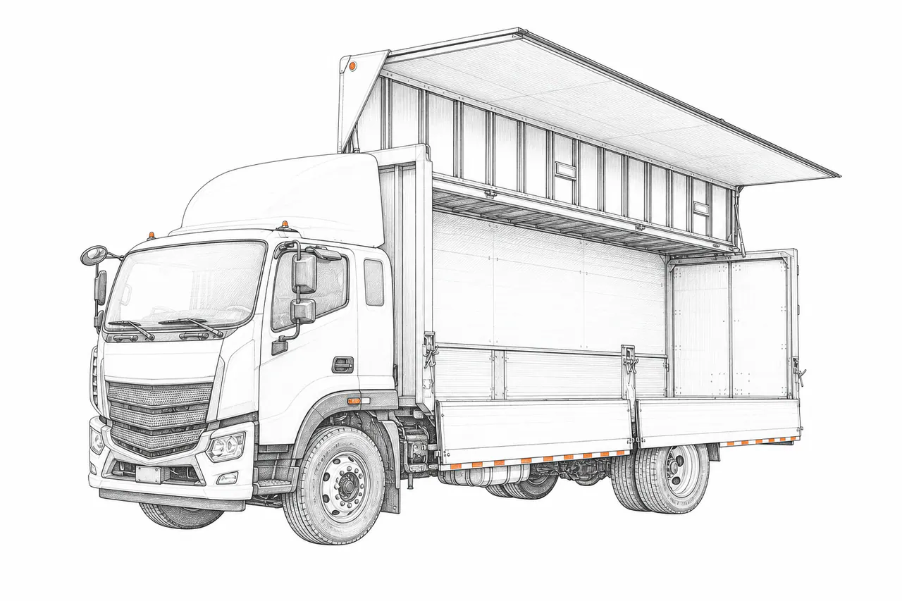 Concepto técnico de configuración para Camión furgón con paneles laterales abatibles mediano