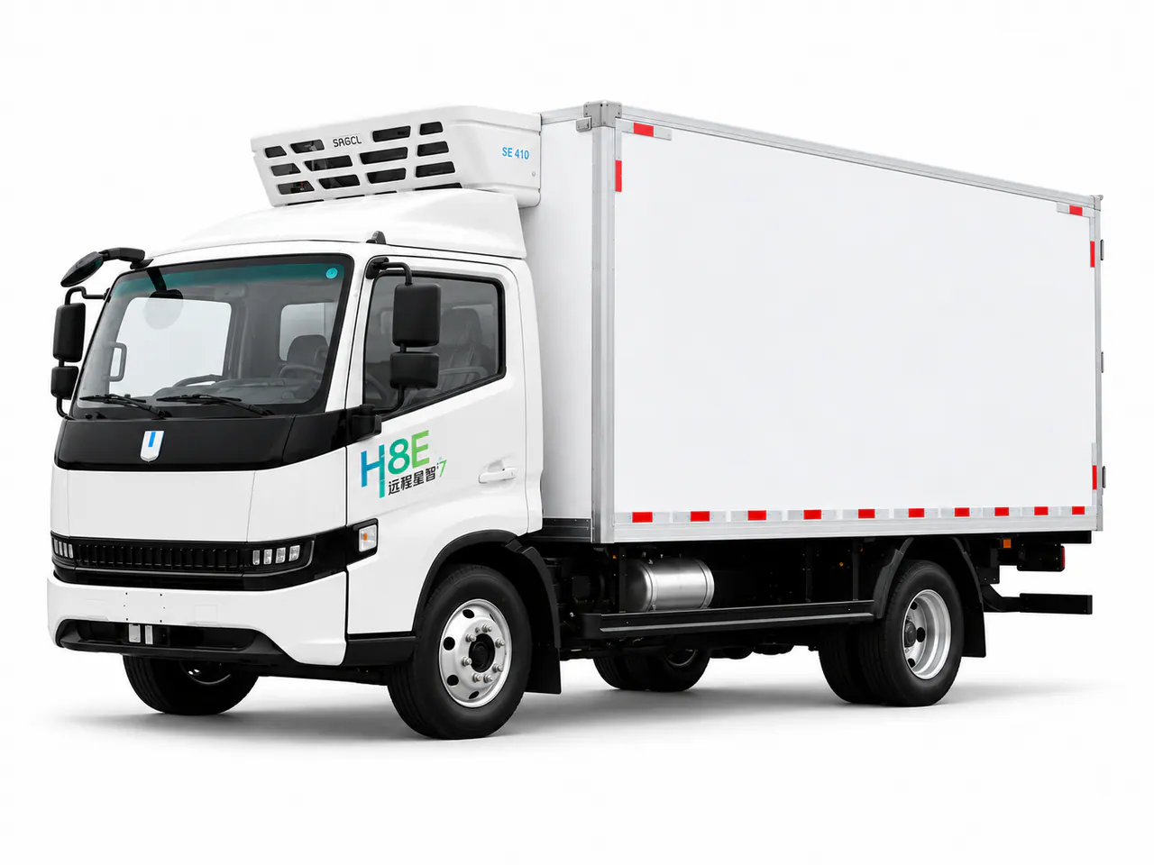 White refrigerated box truck with a cooling unit above the cab.