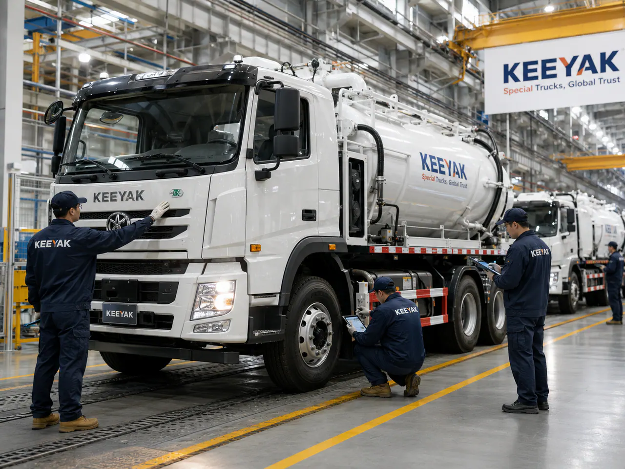 KEEYAK inspection team reviewing a completed white special vehicle in the workshop