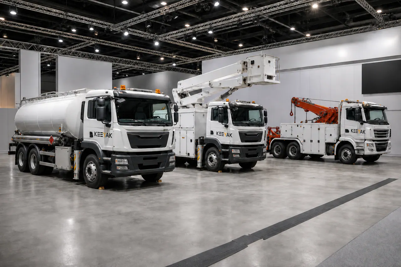 KEEYAK-branded tanker, aerial work platform and recovery trucks displayed in an empty exhibition hall
