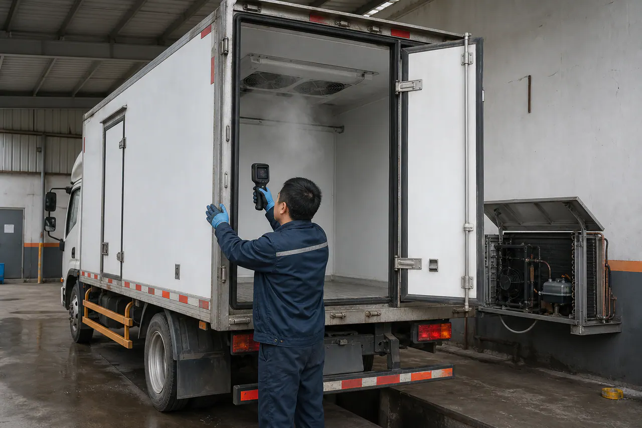 Illustrated technician checking temperatures and airflow inside a refrigerated truck body