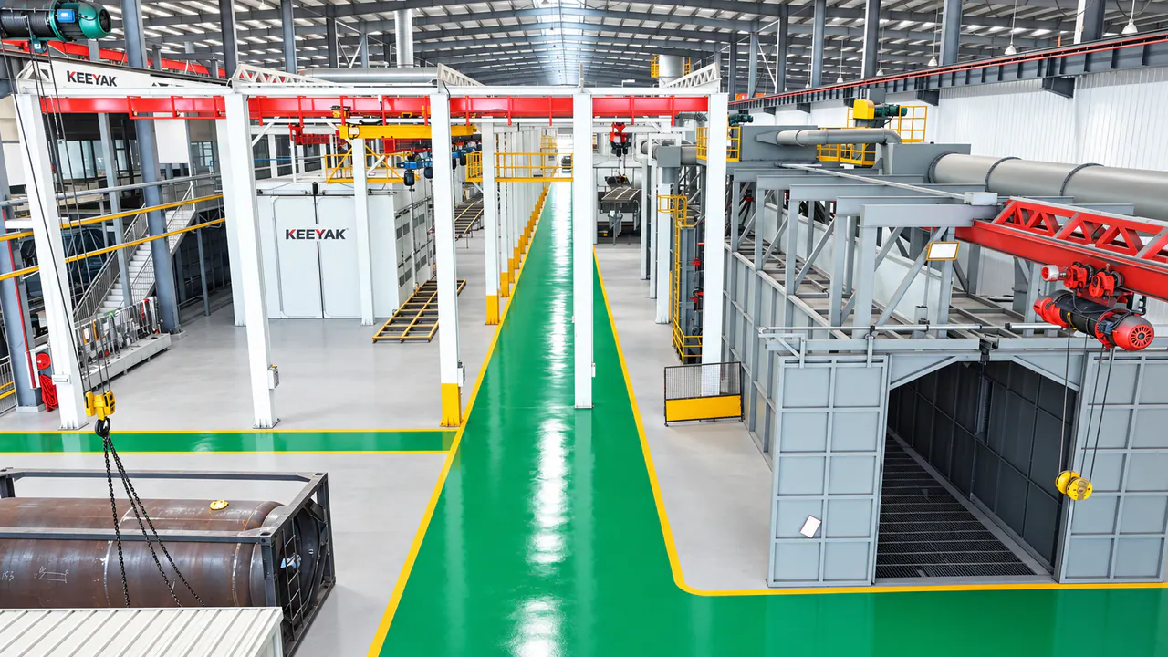 Enclosed treatment stations and a tank body within the workshop.