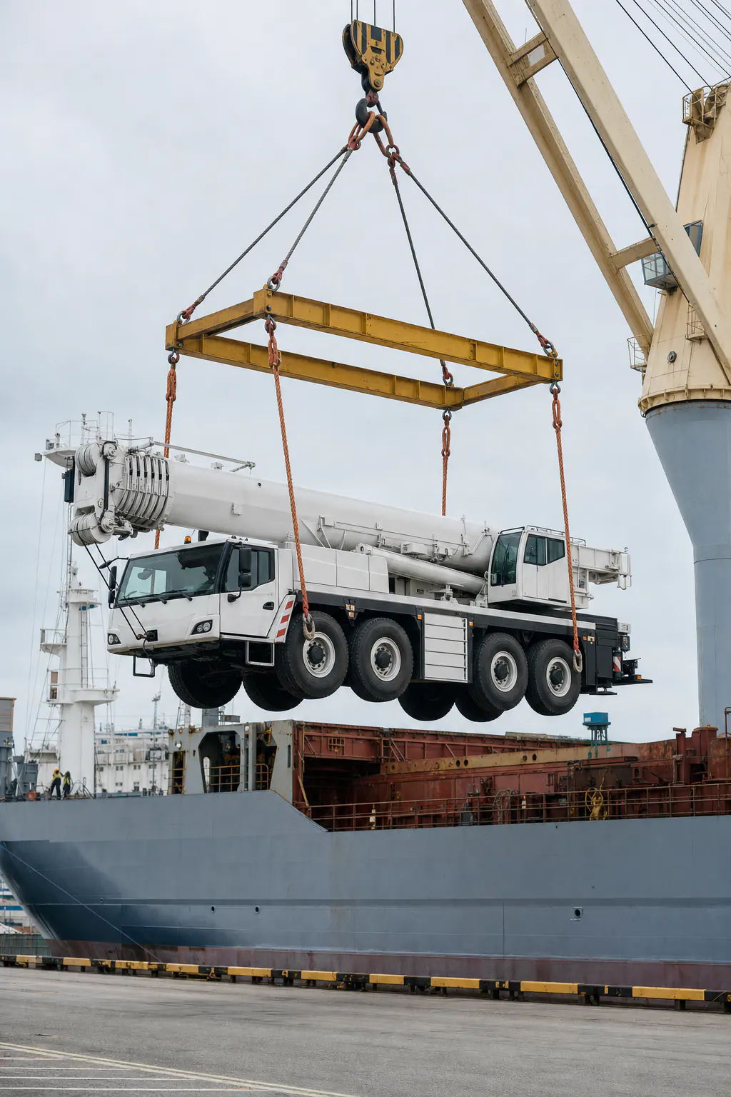 Heavy special-purpose vehicle lifted beside a bulk cargo vessel