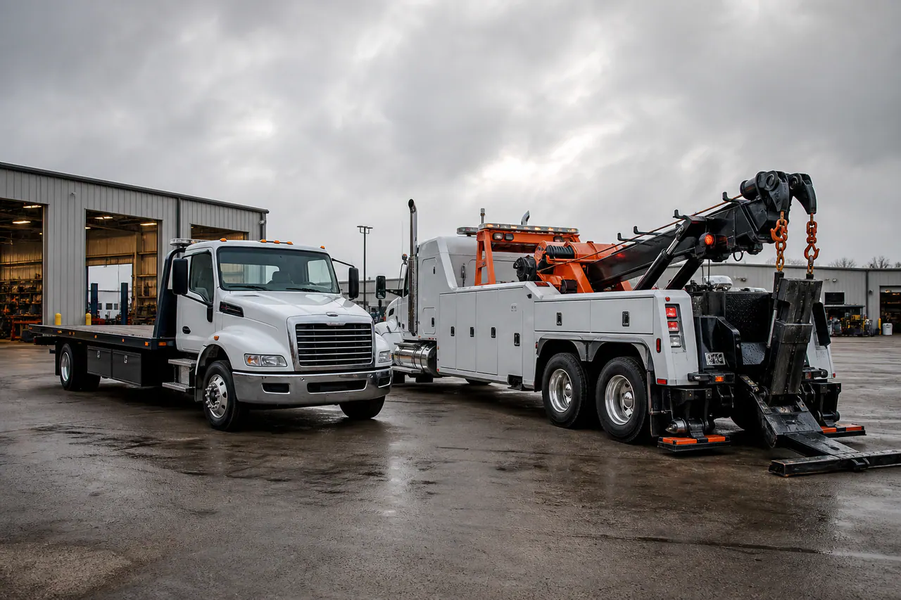 Illustrated flatbed and integrated recovery trucks presented for an operating-duty comparison