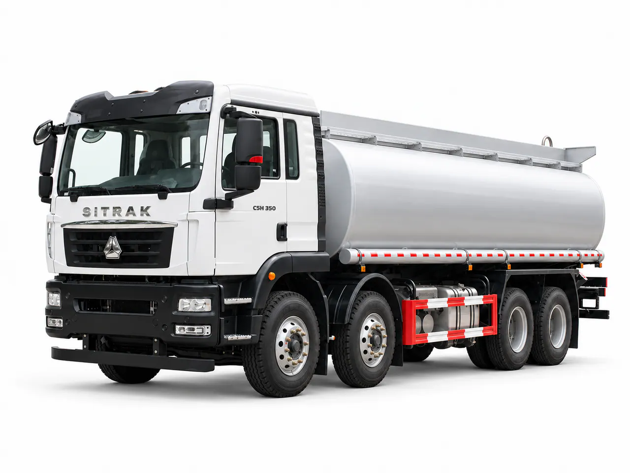White truck with a silver cylindrical tank and red chassis details.